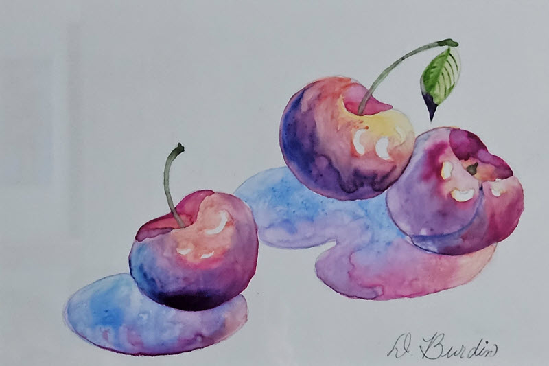 Trio of Cherries, a watercolor painting by Dorothy Burdin